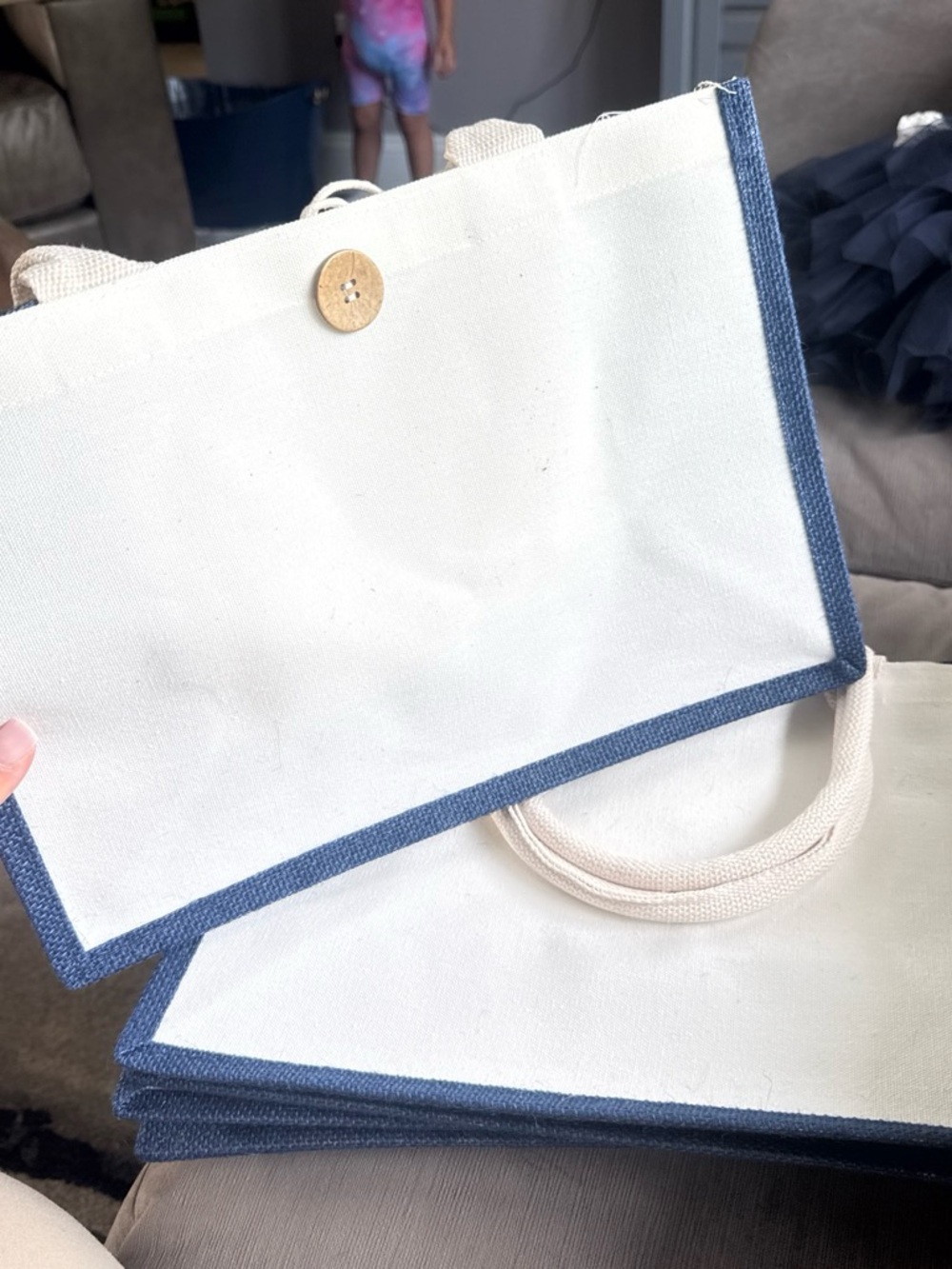 Amazon Cream Canvas Tote with Blue Trim